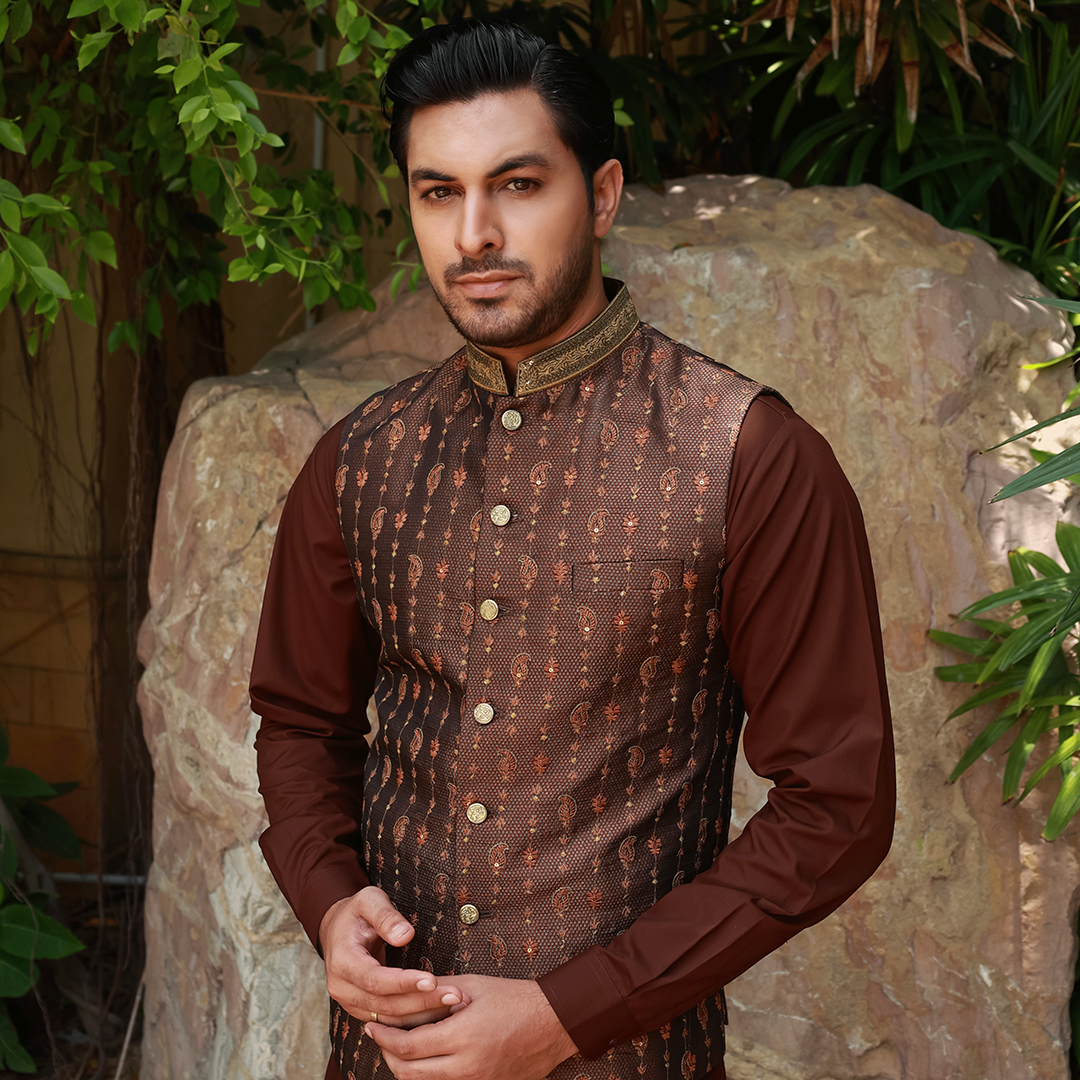 Premium Jamawar Rust Traditional Waistcoat