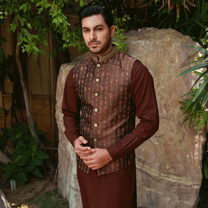 Premium Jamawar Rust Traditional Waistcoat