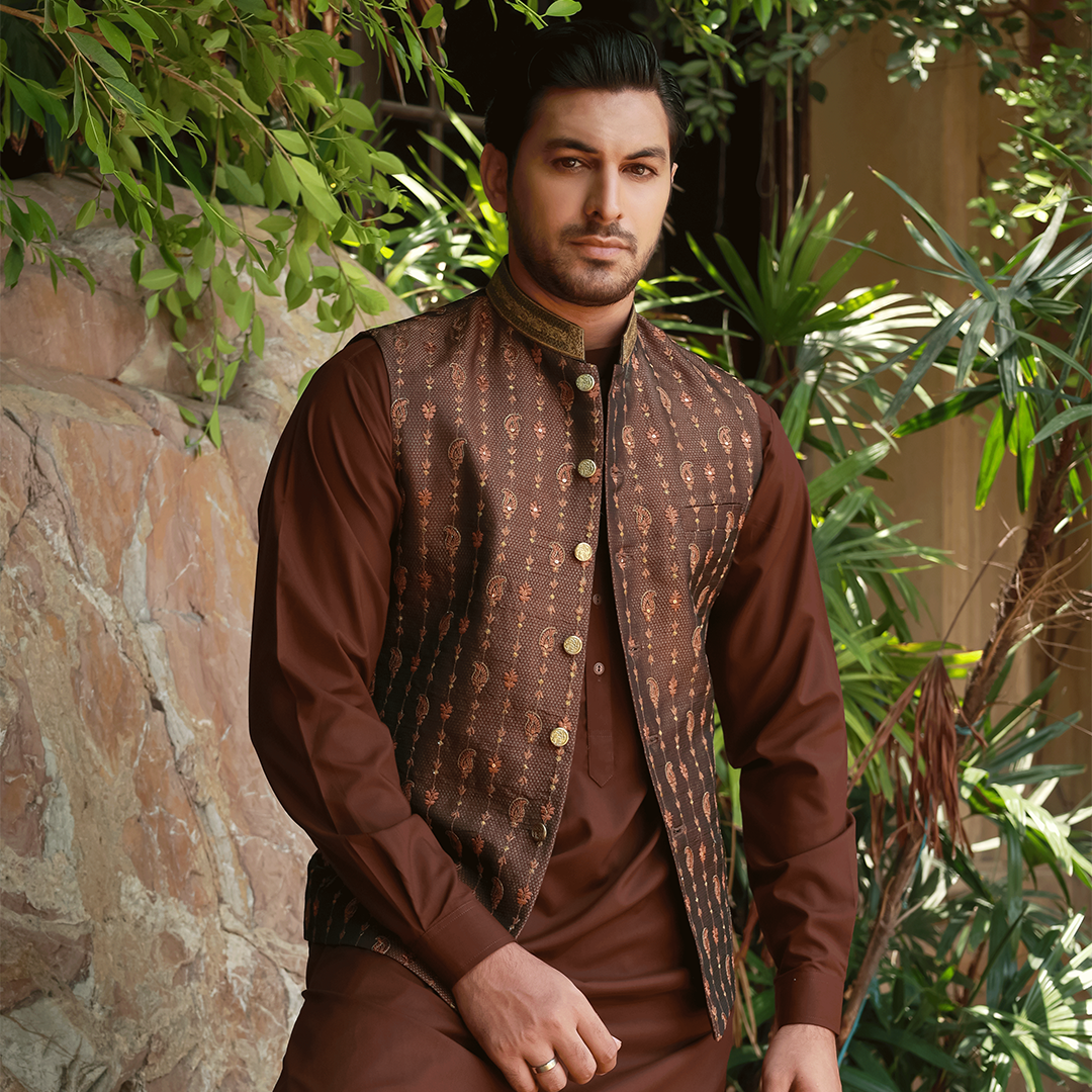 Premium Jamawar Rust Traditional Waistcoat