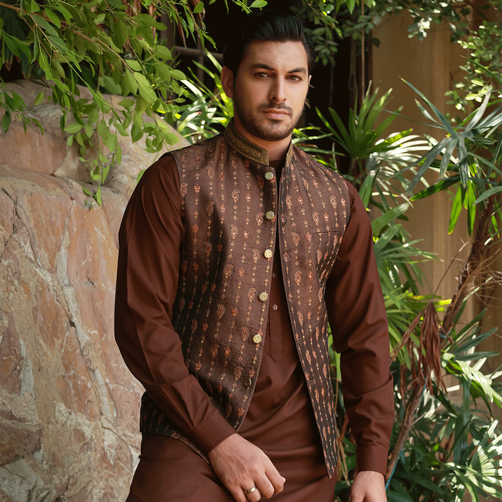 Premium Jamawar Rust Traditional Waistcoat