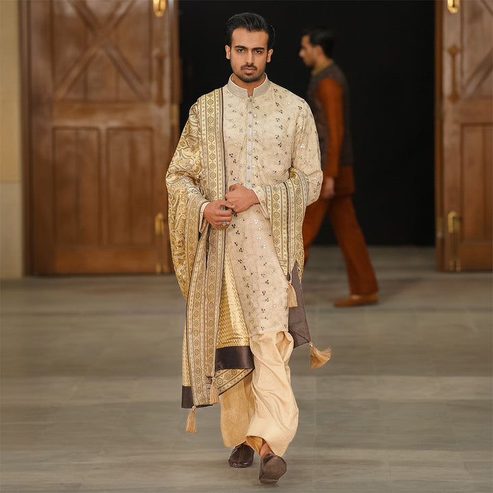 Premium Jamawar Sherwani Paired with chiffon Embroidered Shawl