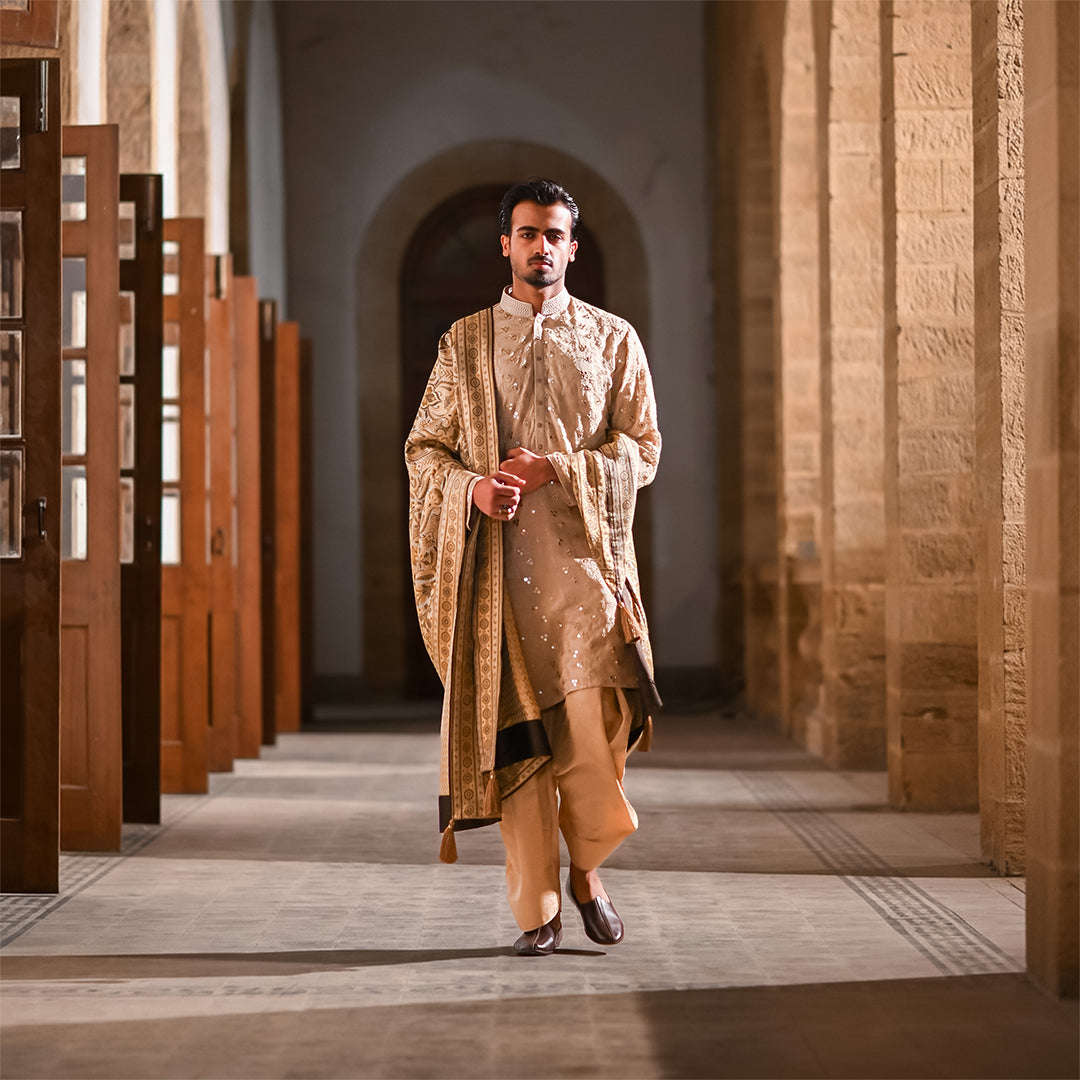 Premium Jamawar Sherwani Paired with chiffon Embroidered Shawl