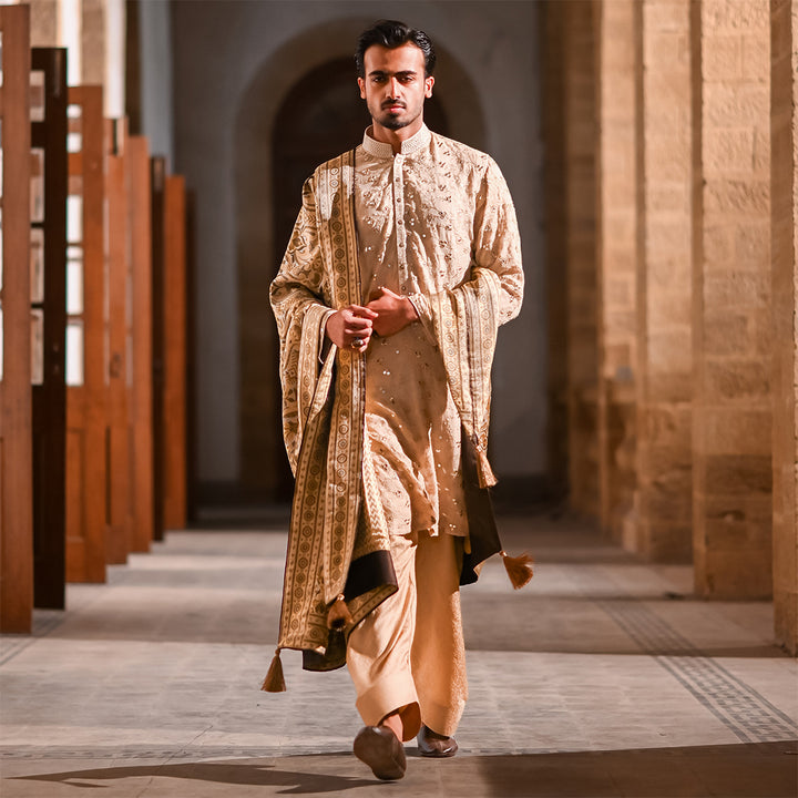 Premium Jamawar Sherwani Paired with chiffon Embroidered Shawl