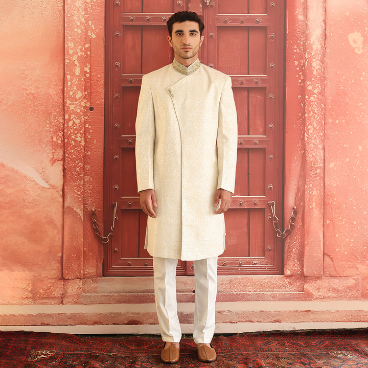 Premium Karandi Jamawar Antique White  Embroidered Sherwani