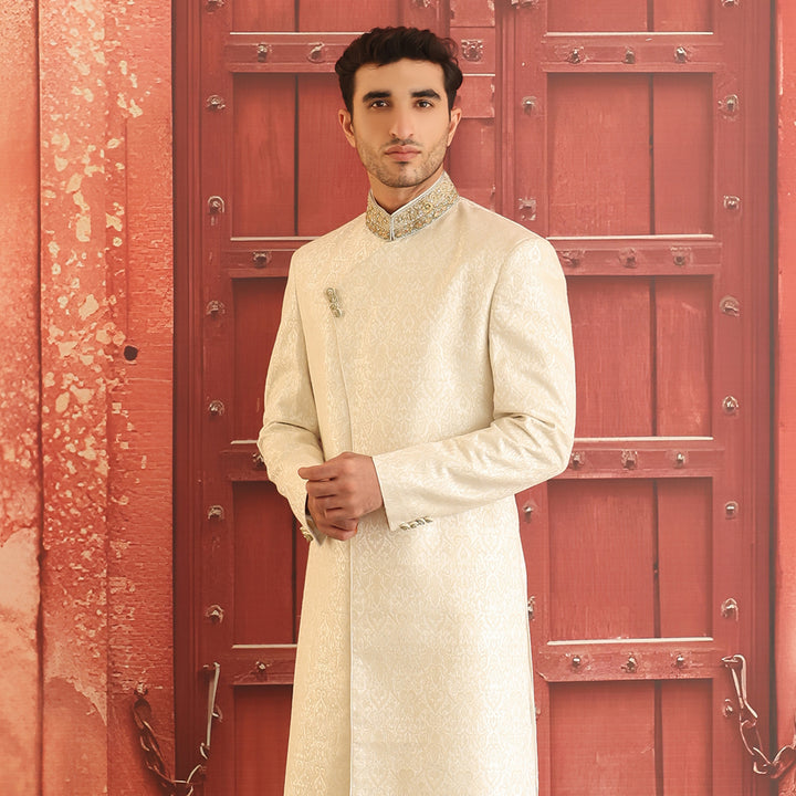 Premium Karandi Jamawar Antique White  Embroidered Sherwani
