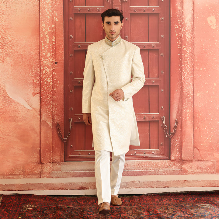 Premium Karandi Jamawar Antique White  Embroidered Sherwani