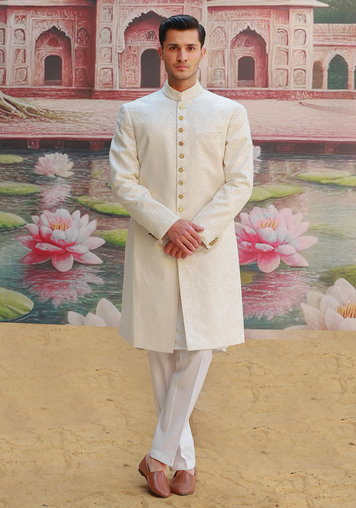 Premium Karandi Jamawar Antique White Plain Sherwani