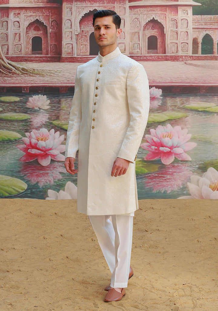 Premium Karandi Jamawar Antique White Plain Sherwani