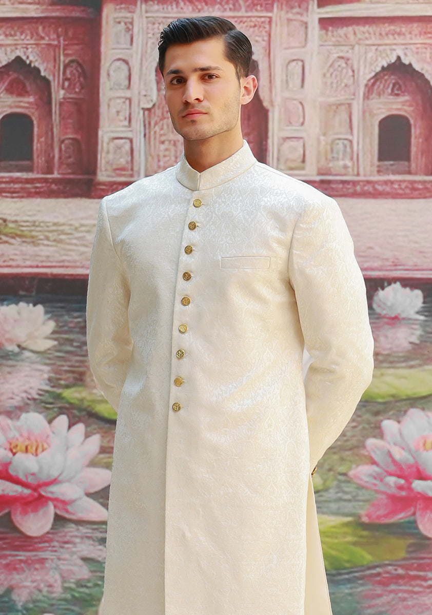 Premium Karandi Jamawar Antique White Plain Sherwani