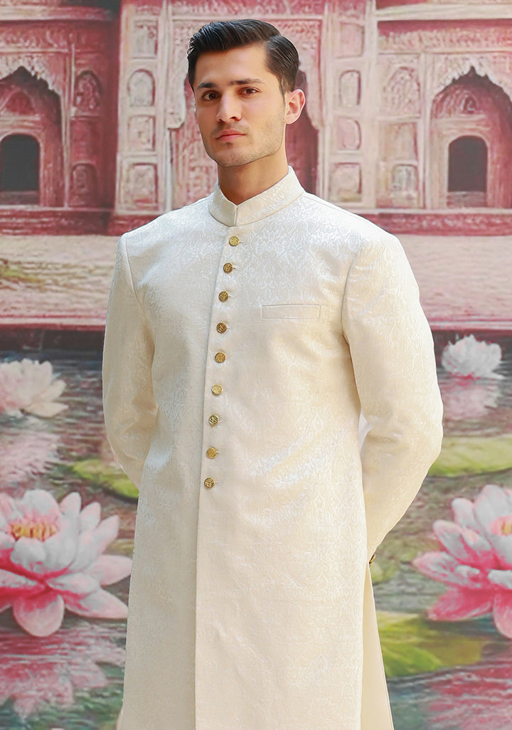 Premium Karandi Jamawar Antique White Plain Sherwani