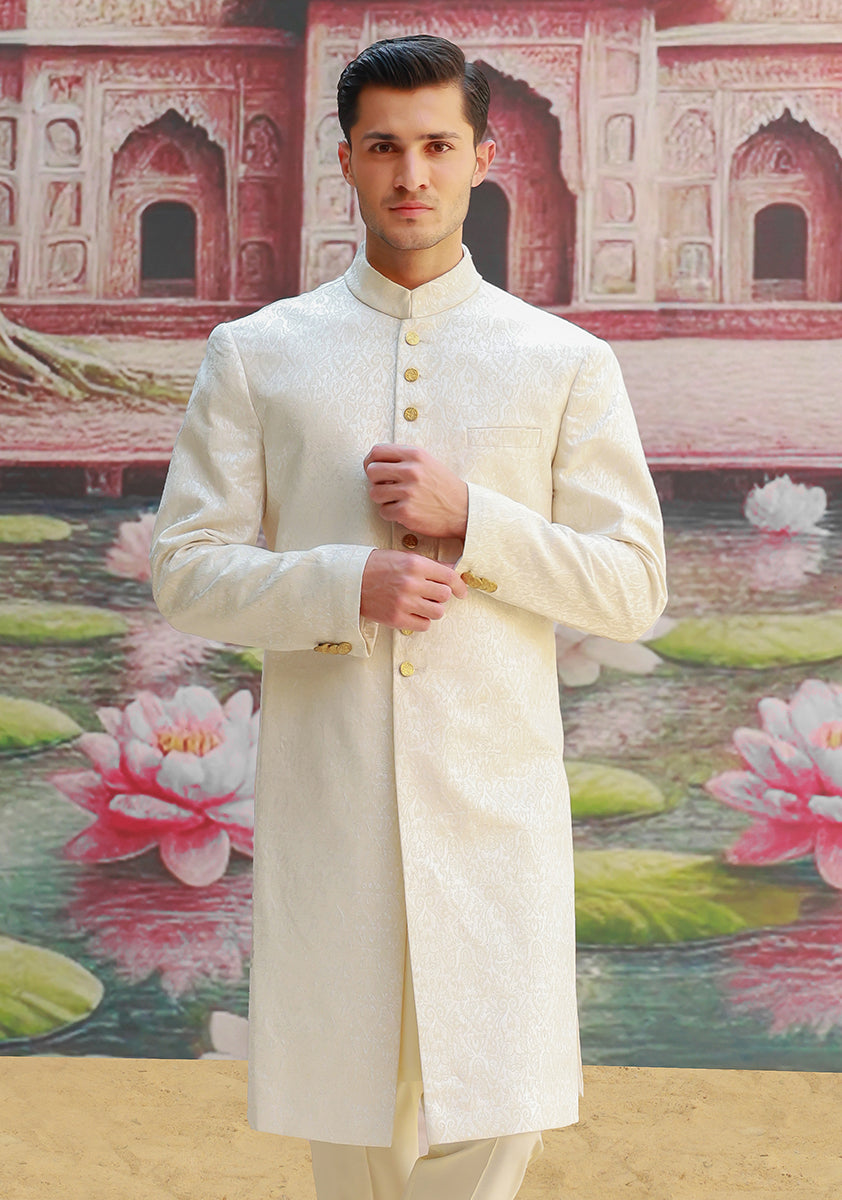 Premium Karandi Jamawar Antique White Plain Sherwani