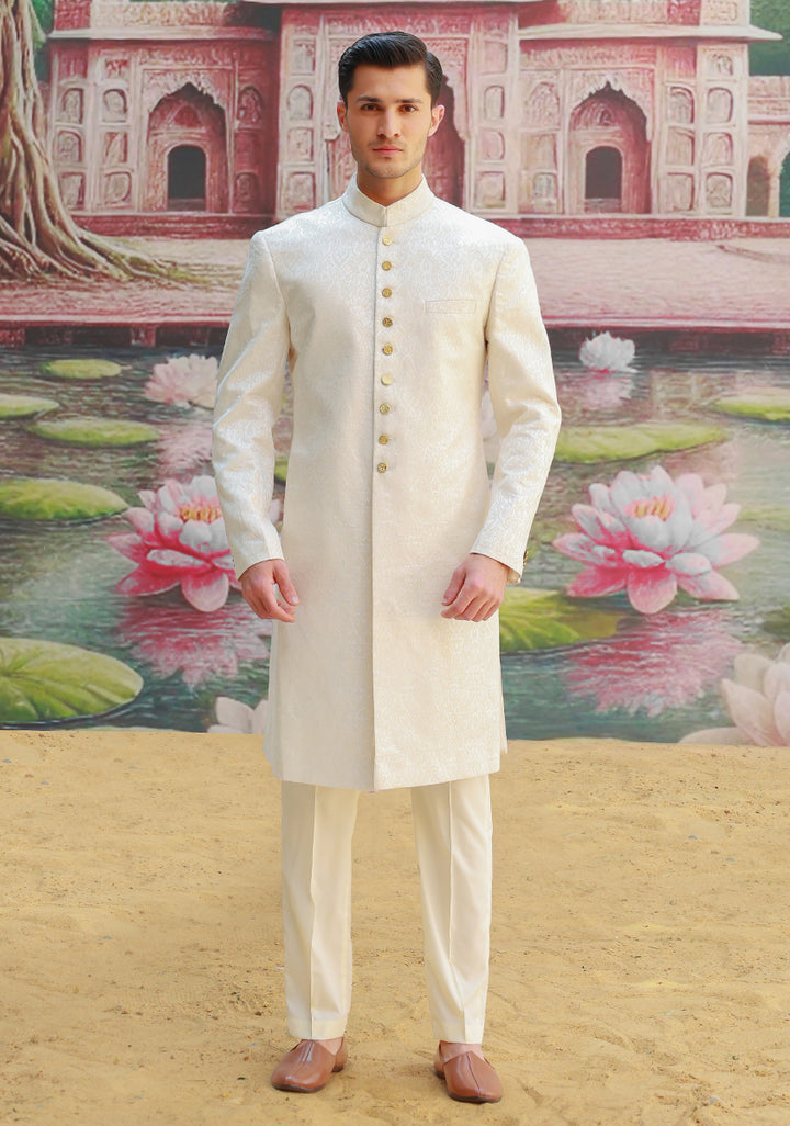 Premium Karandi Jamawar Antique White Plain Sherwani