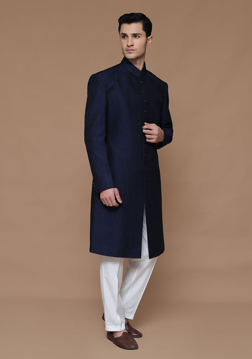Premium Karandi Jamawar Medieval Blue Plain Sherwani