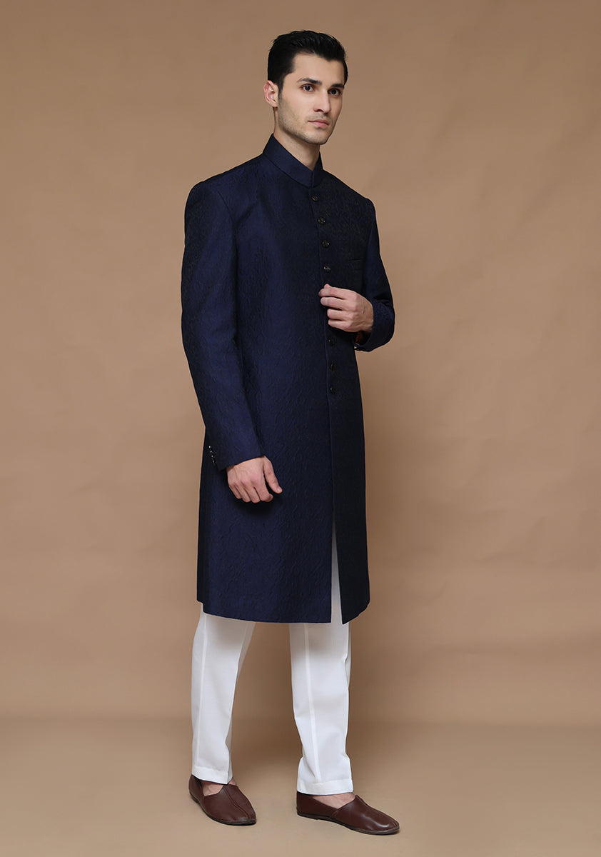 Premium Karandi Jamawar Medieval Blue Plain Sherwani