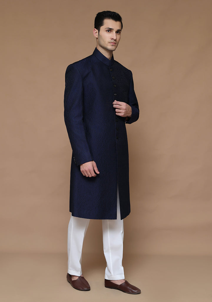 Premium Karandi Jamawar Medieval Blue Plain Sherwani