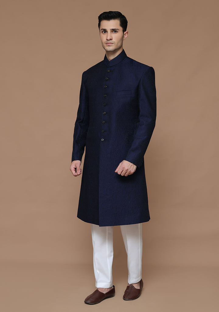 Premium Karandi Jamawar Medieval Blue Plain Sherwani