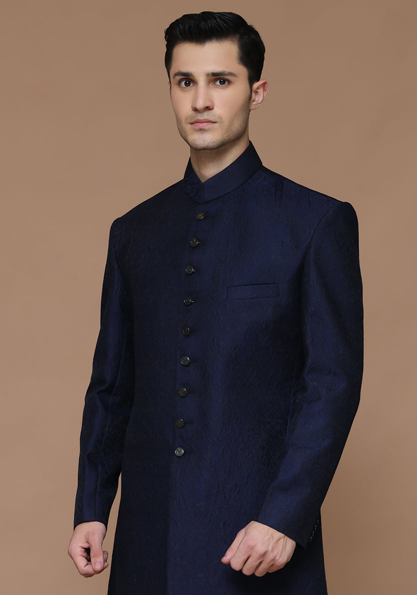 Premium Karandi Jamawar Medieval Blue Plain Sherwani