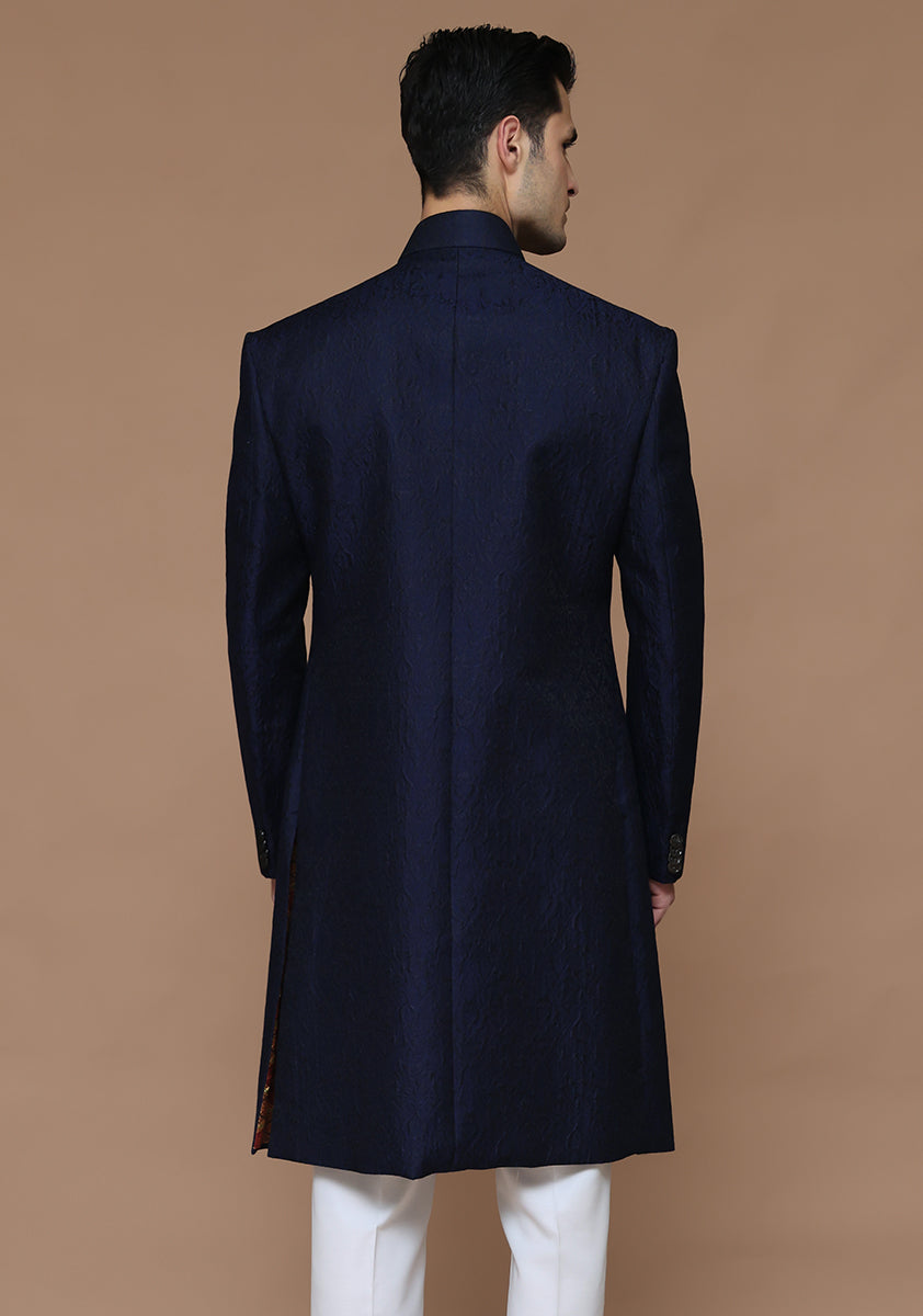 Premium Karandi Jamawar Medieval Blue Plain Sherwani