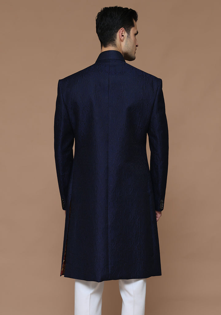 Premium Karandi Jamawar Medieval Blue Plain Sherwani