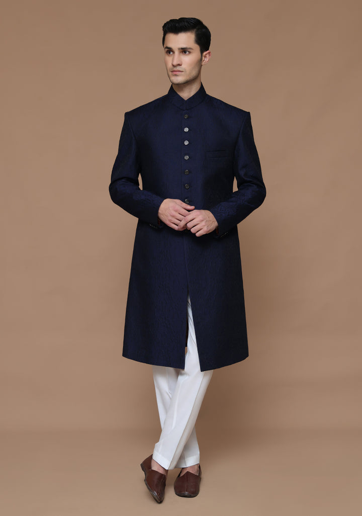 Premium Karandi Jamawar Medieval Blue Plain Sherwani
