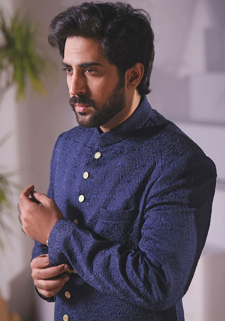 Premium Satin Navy Blazer Slightly Defected Embroidered Sherwani