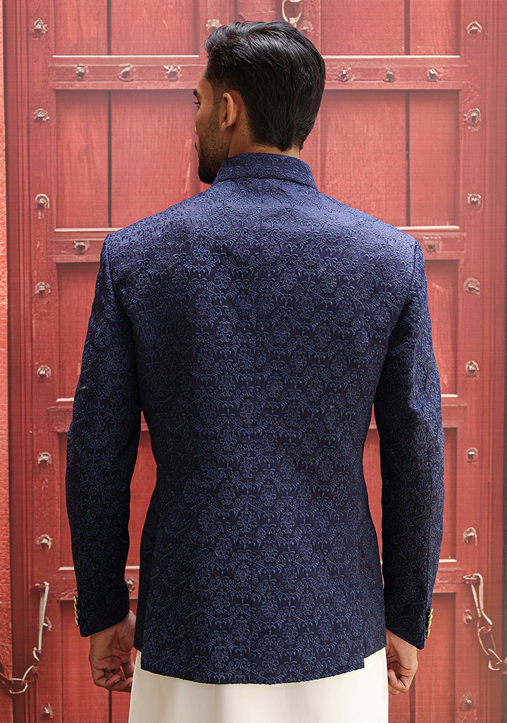 Premium Satin Silk Navy Blazer Embroidered Jacket