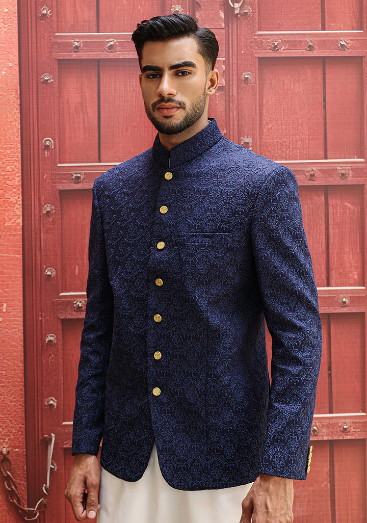 Premium Satin Silk Navy Blazer Embroidered Jacket