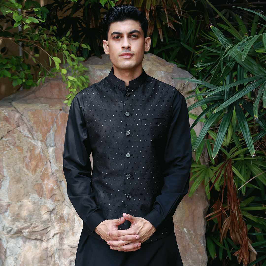 Premium Tanchoi Black Traditional Waistcoat