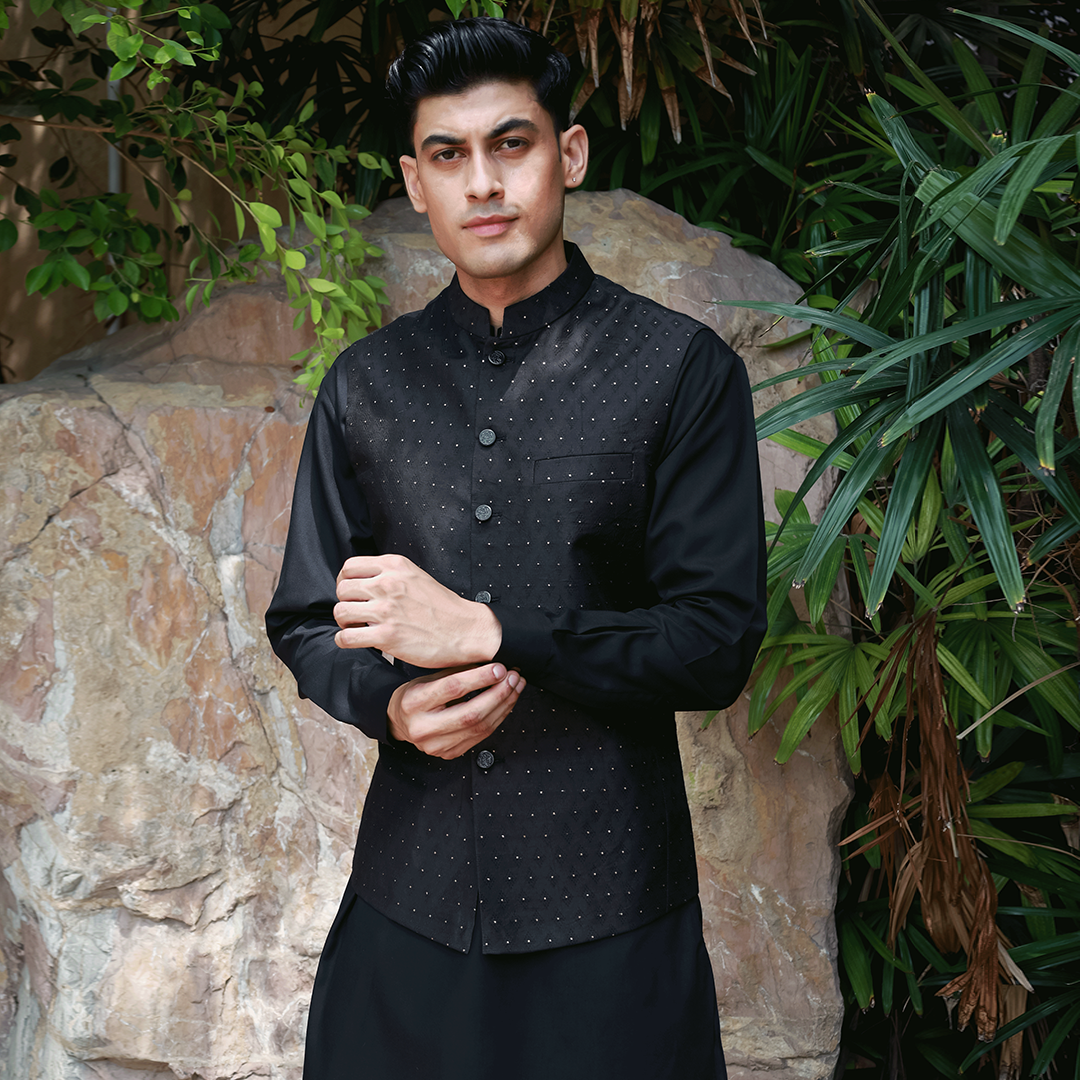 Premium Tanchoi Black Traditional Waistcoat
