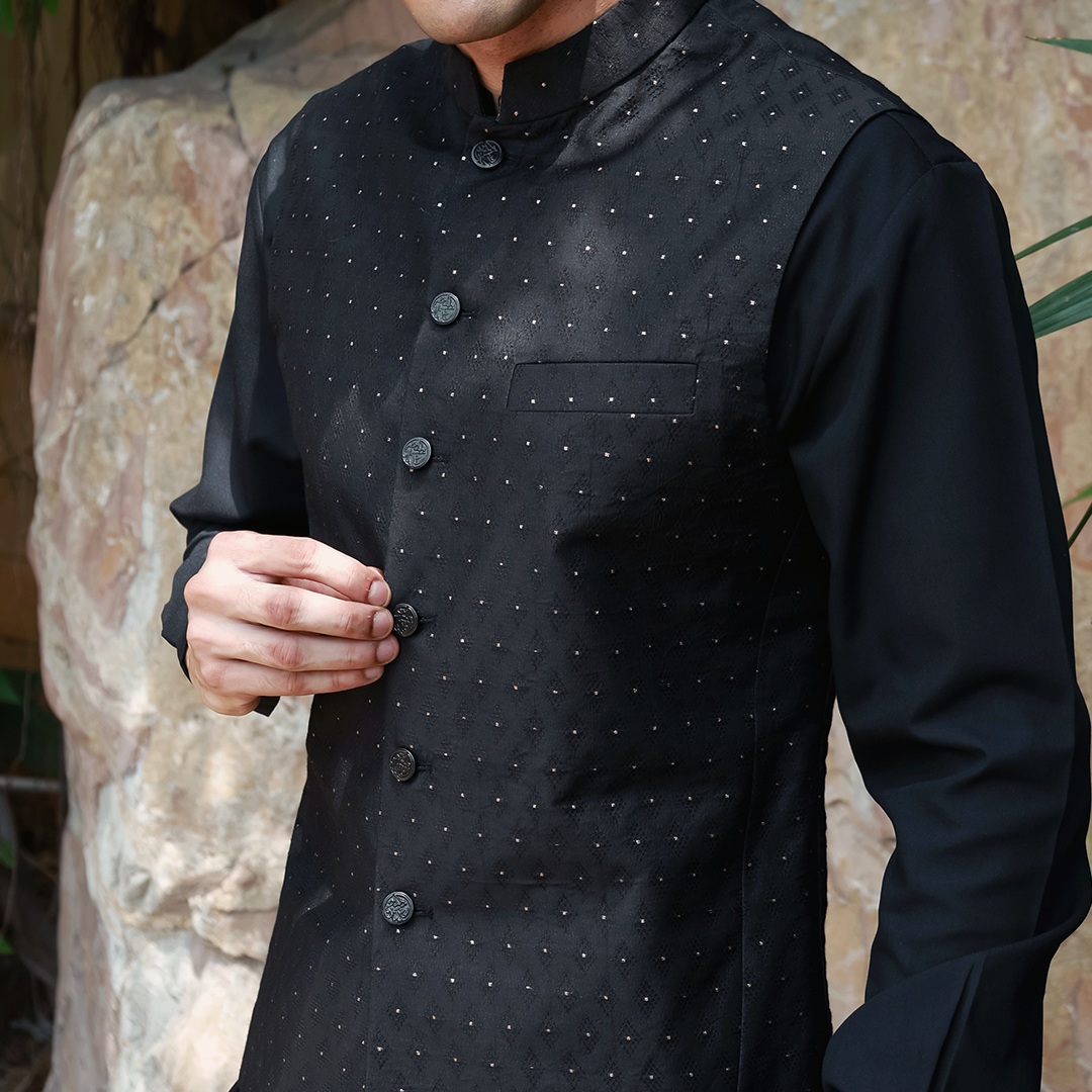 Premium Tanchoi Black Traditional Waistcoat