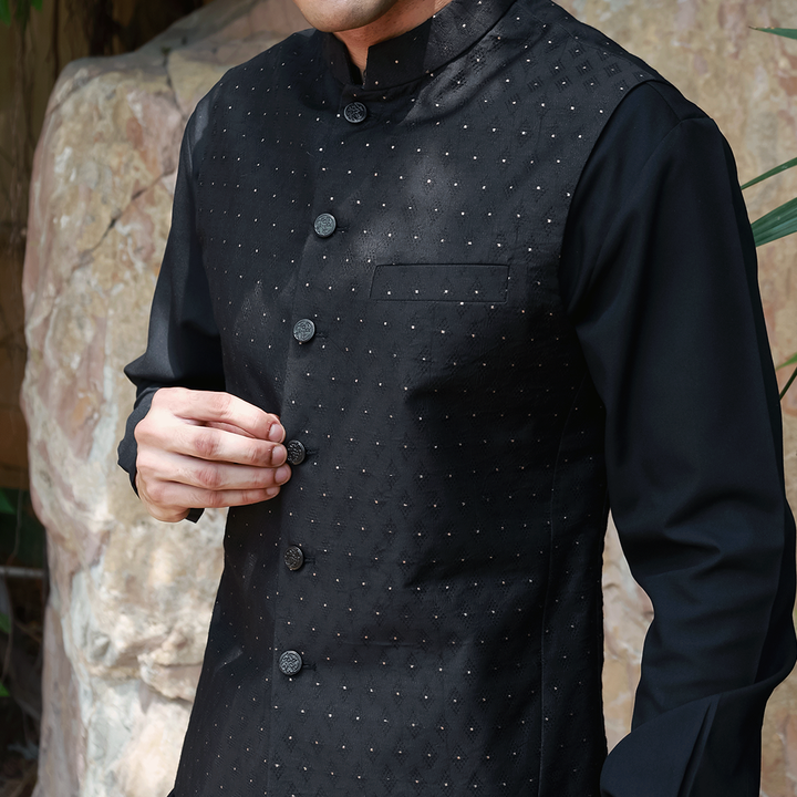 Premium Tanchoi Black Traditional Waistcoat