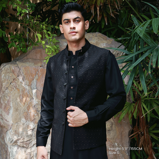 Premium Tanchoi Black Traditional Waistcoat