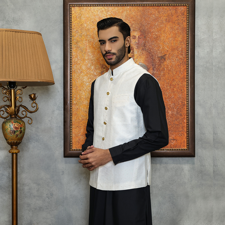 Premium Tanchoi White Traditional Waistcoat