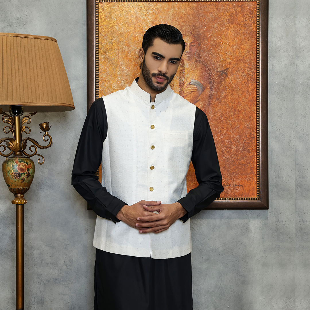 Premium Tanchoi White Traditional Waistcoat