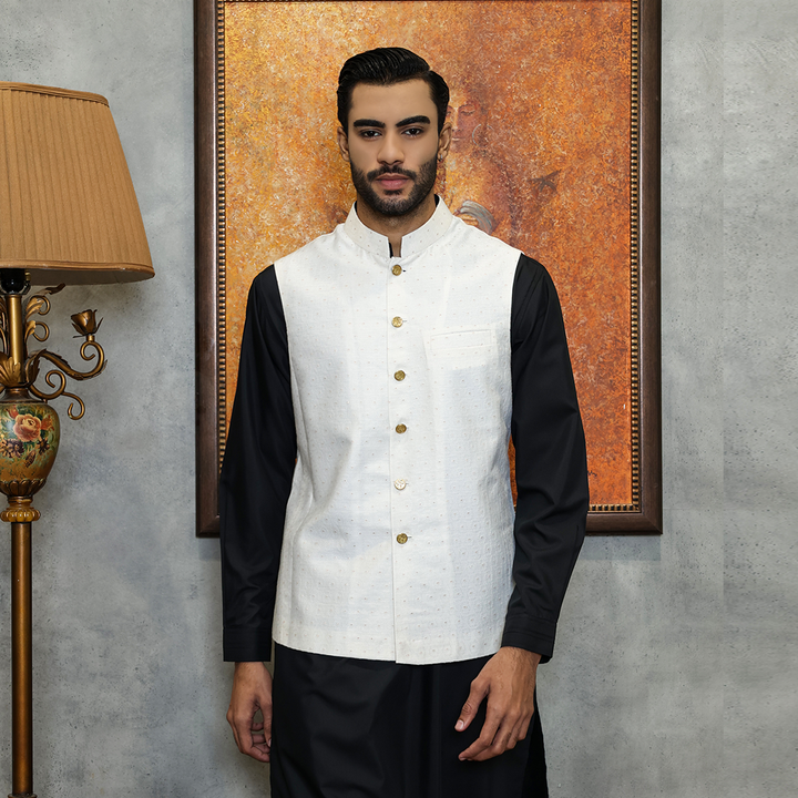 Premium Tanchoi White Traditional Waistcoat