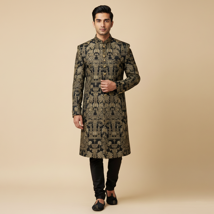 Premium Viscose Jamawar Black Tradiotional Sherwani