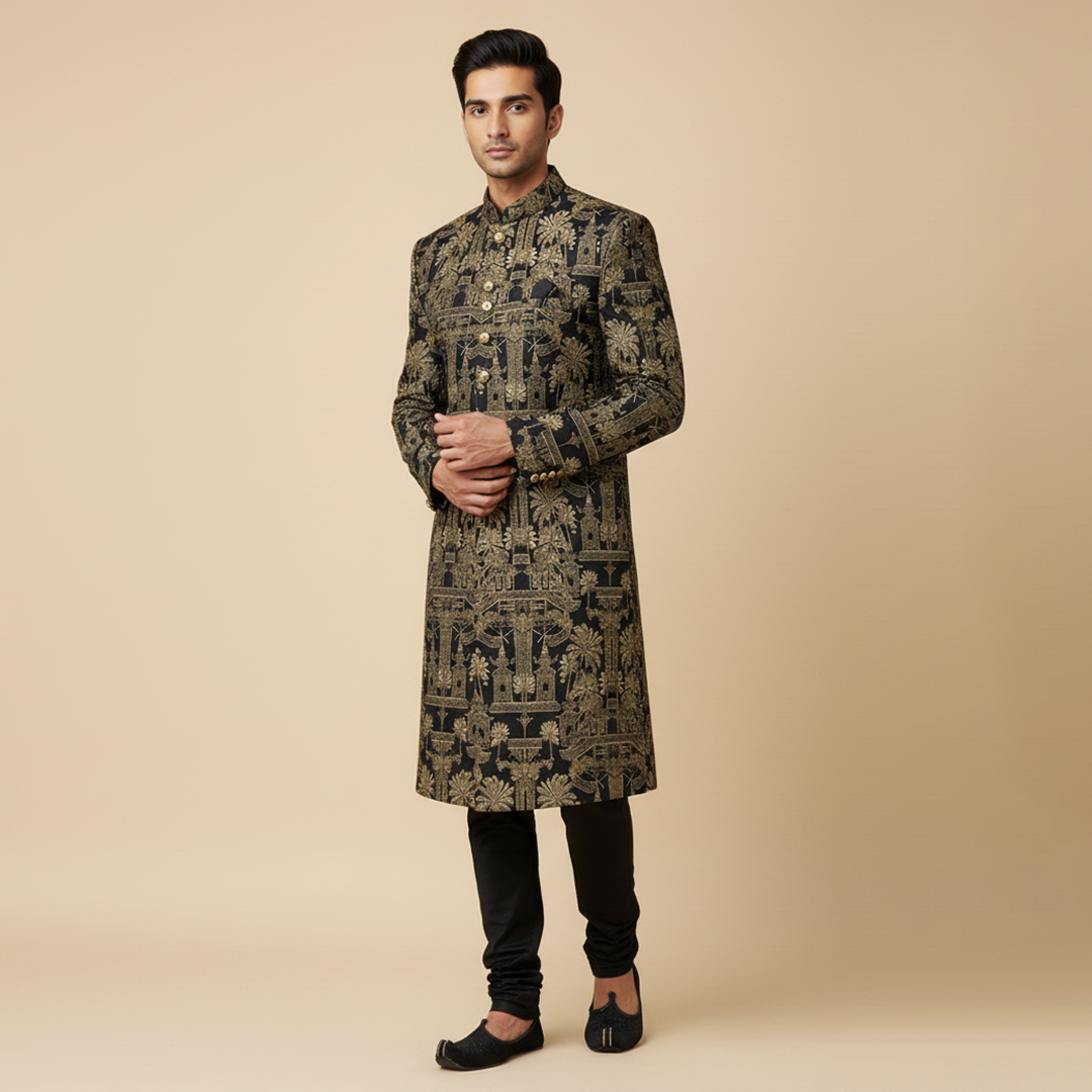 Premium Viscose Jamawar Black Tradiotional Sherwani