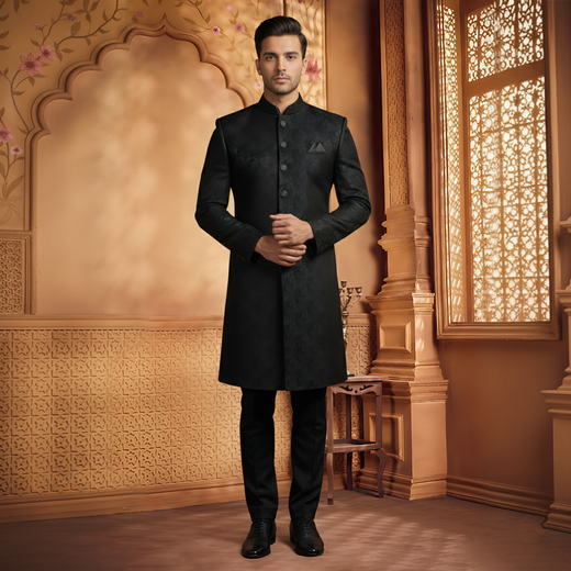 Premium Viscose Jamawar Black Traditional Sherwani