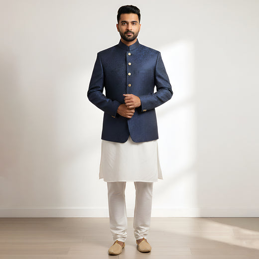 Premium Viscose Jamawar Blue Jacket