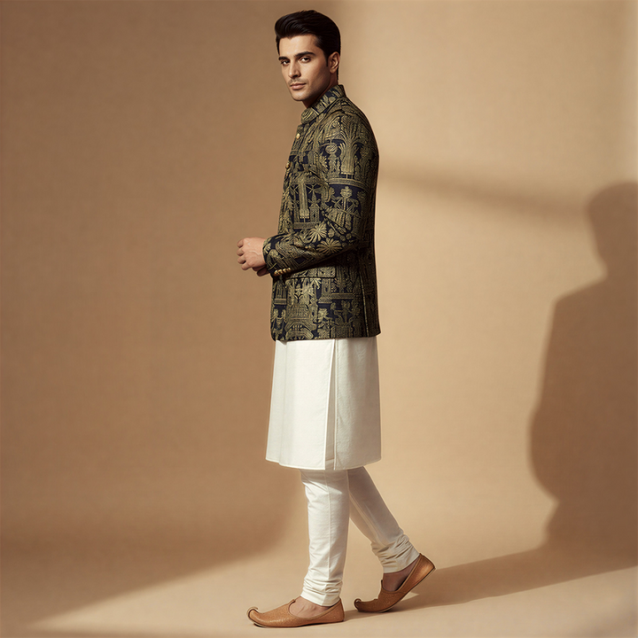 Premium Viscose Jamawar Blue Jacket