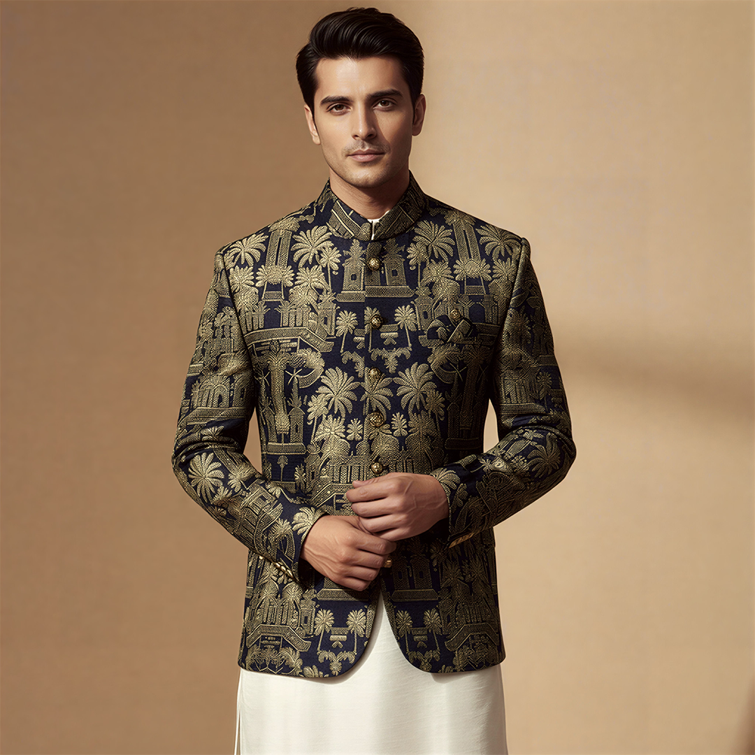 Premium Viscose Jamawar Blue Jacket