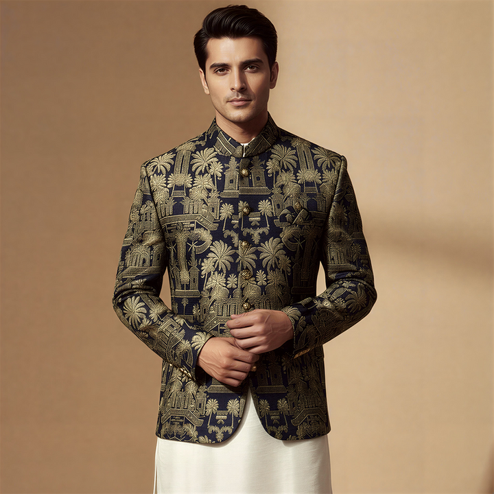 Premium Viscose Jamawar Blue Jacket