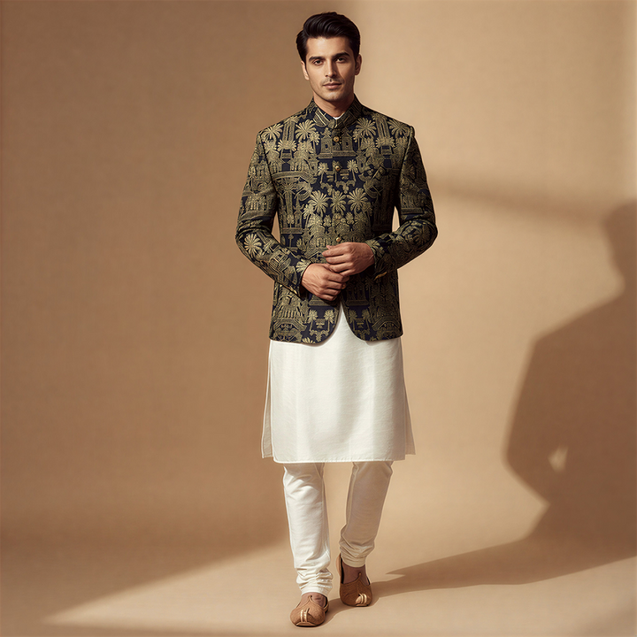 Premium Viscose Jamawar Blue Jacket