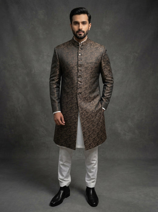 Premium Viscose Jamawar Brown Traditional Sherwani