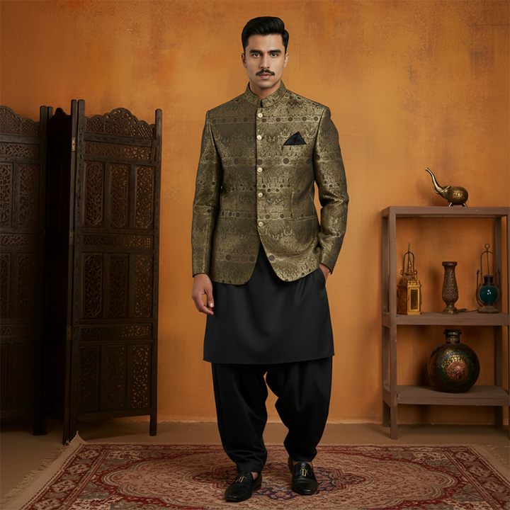 Premium Viscose Jamawar Dark Brown Jacket