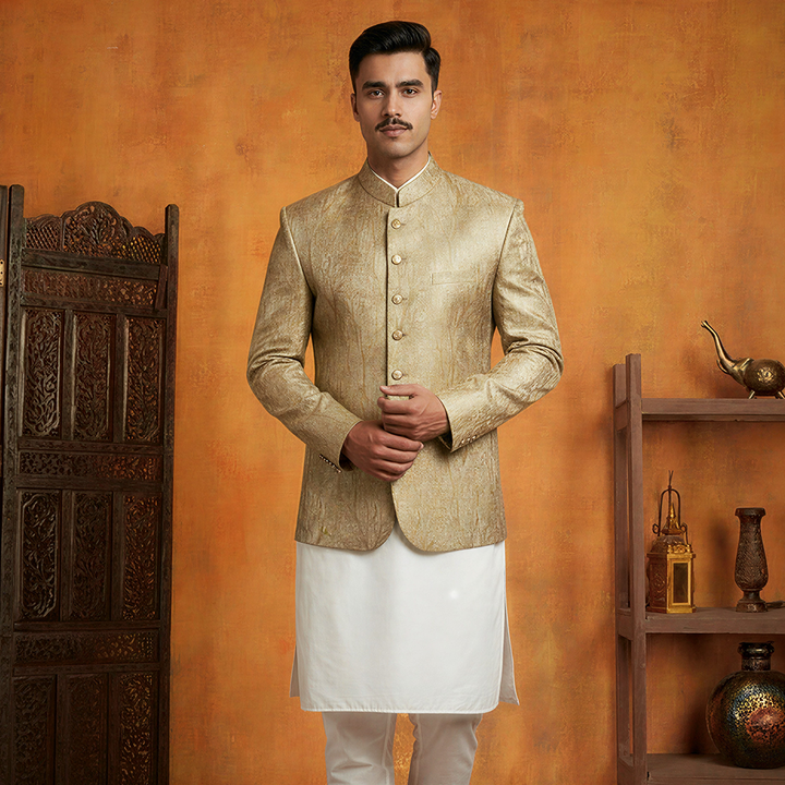 Premium Viscose Jamawar Dark Gold Jacket