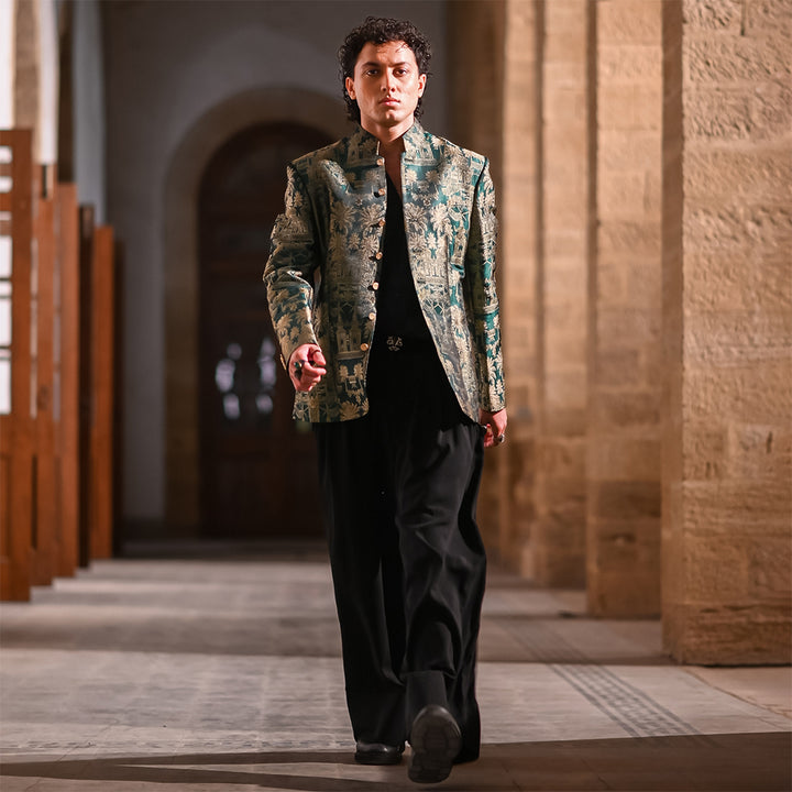 Premium Viscose Jamawar Teal Jacket