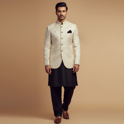 Premium Viscose Jamawar Light Cream Jacket