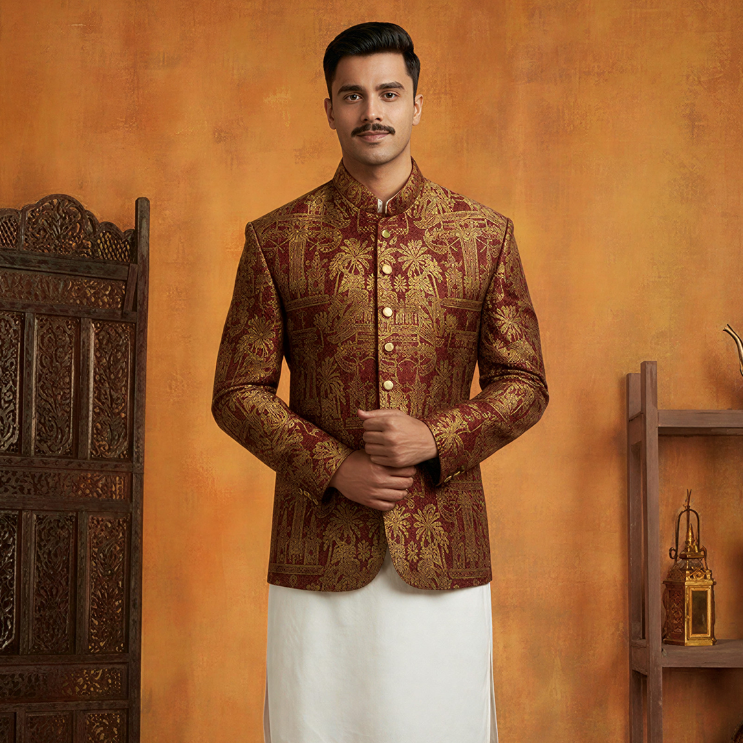 Premium Viscose Jamawar Red Jacket