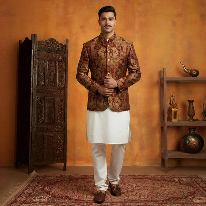 Premium Viscose Jamawar Red Jacket